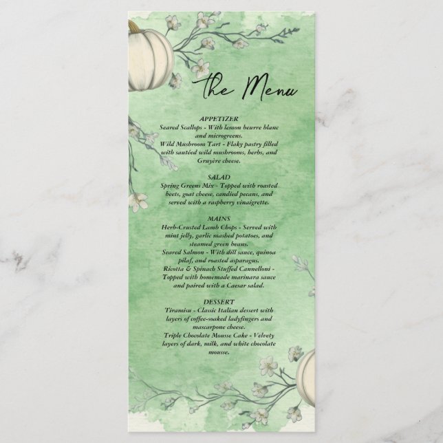 Menú de Boda de Calabaza de Otoño Verde Rústico (Anverso)