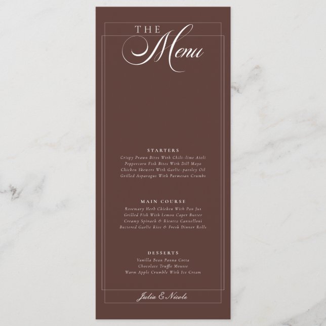 Menú de boda de caligrafía de chocolate clásico ma (Anverso)