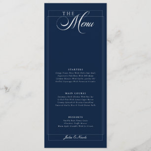 Menú de boda de caligrafía marfil azul marino clás