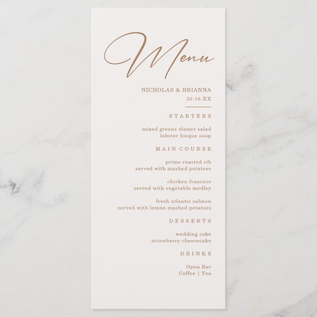 Menú de boda de champán neutro boho (Anverso)