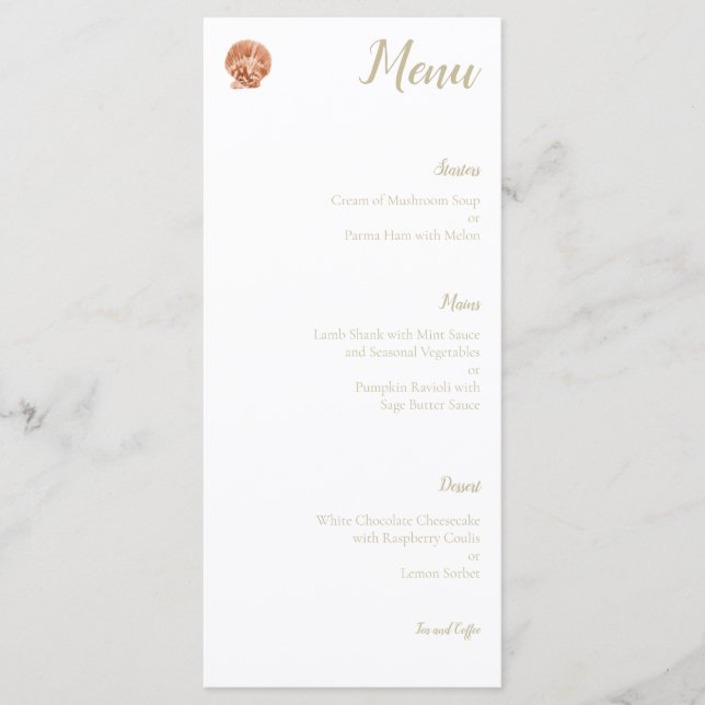 Menú de Boda de Concha de Mar con Acuarela (Anverso)