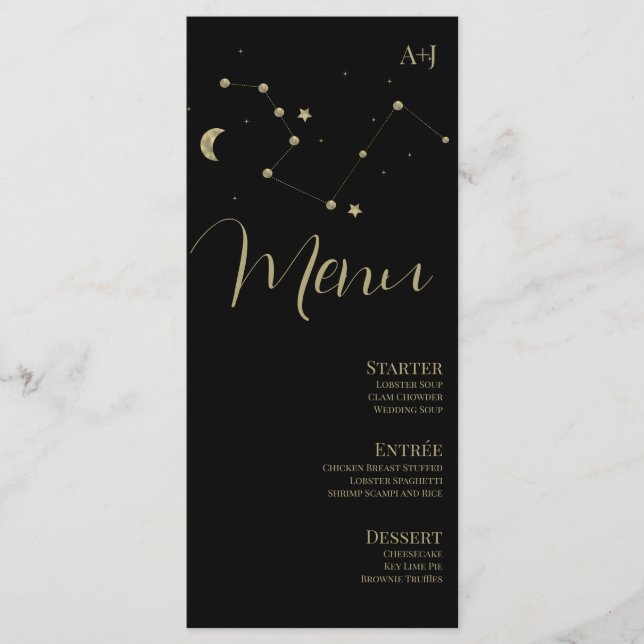 Menú de boda de constelación en negro con escritur (Anverso)