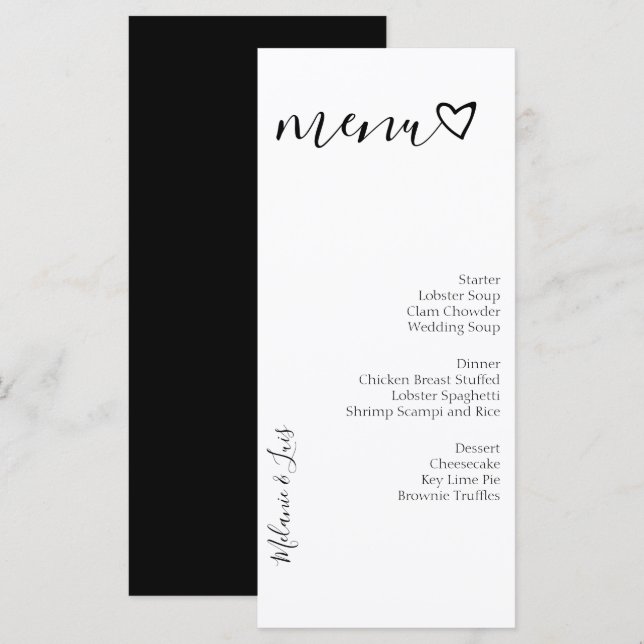 Menú de Boda de Corazón Blanco y Negro (Anverso / Reverso)