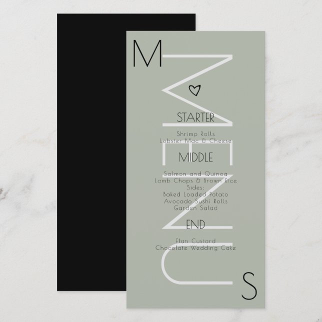 Menú de boda de corazón con monograma Sage (Anverso / Reverso)