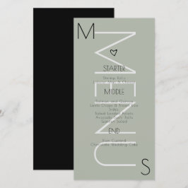 Menú de boda de corazón con monograma Sage