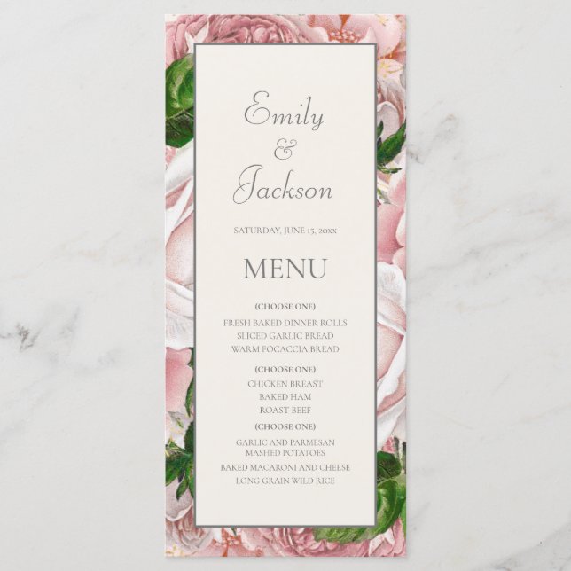 Menú de boda de crema floral de acuarela rosa rubo (Anverso)