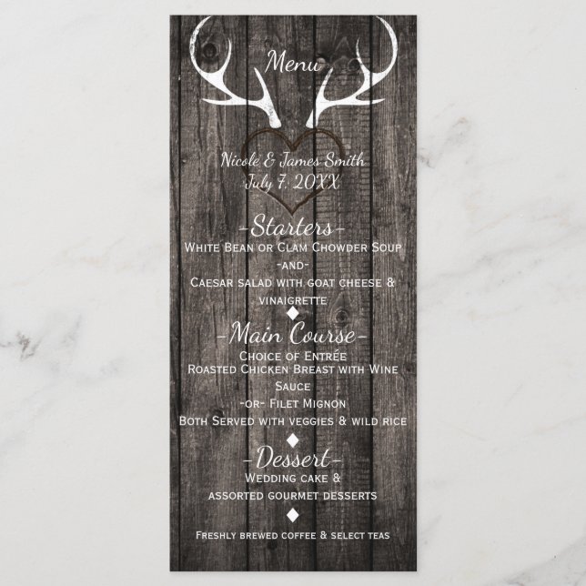 Menú de Boda de Cuerna de Ciervo Rústico y Corazón (Anverso)