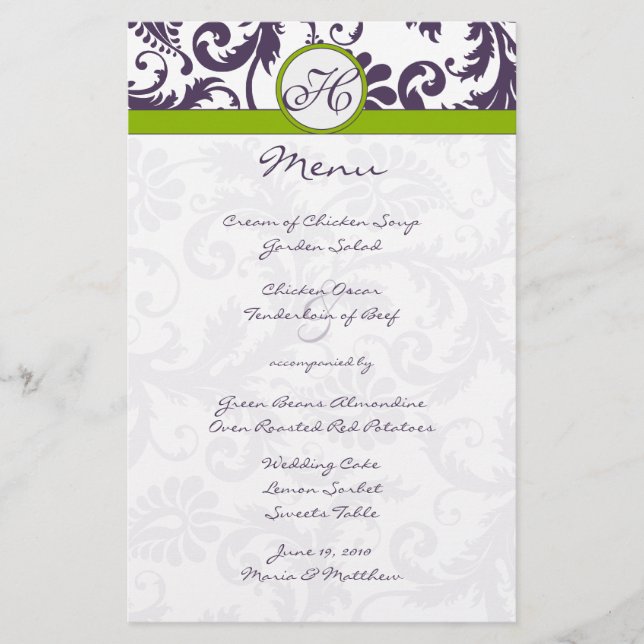 Menú de Boda de Damasco Lapis Morado y Verde Manza (Anverso)