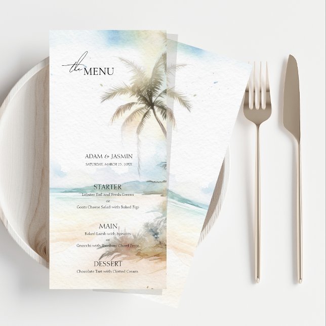 Menú de Boda de Destino Palma Tropical (Watercolor Tropical Beach Palm Trees Wedding Menu)