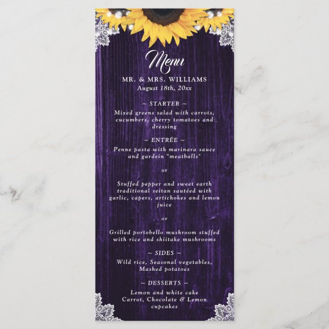 Menú de Boda de Encaje Floral de Madera de Girasol (Anverso)