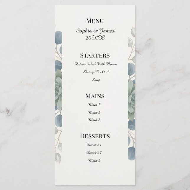Menú de boda de eucalipto azul polvoriento (Anverso)