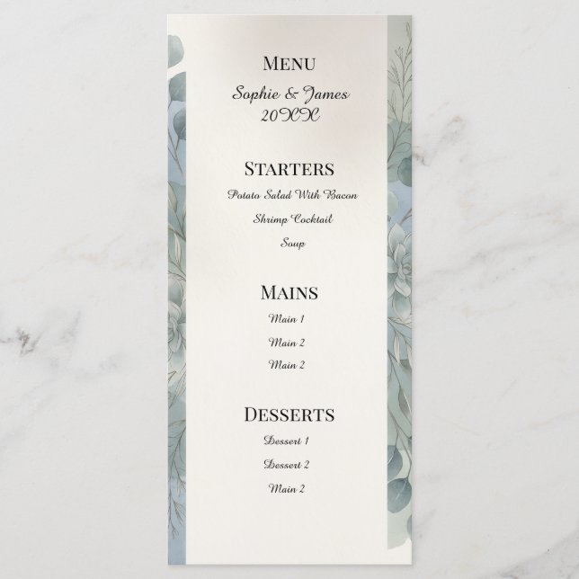 Menú de Boda de Eucalipto Gris Azul (Anverso)