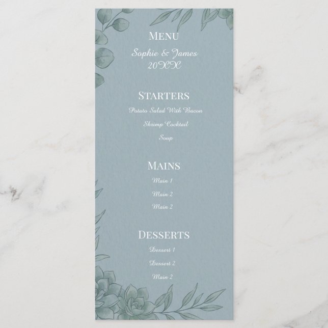 Menú de Boda de Eucalipto Gris Azul (Anverso)