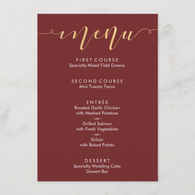 Menú de boda de fantasía burgundy y oro (Anverso)