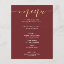 Menú de boda de fantasía burgundy y oro