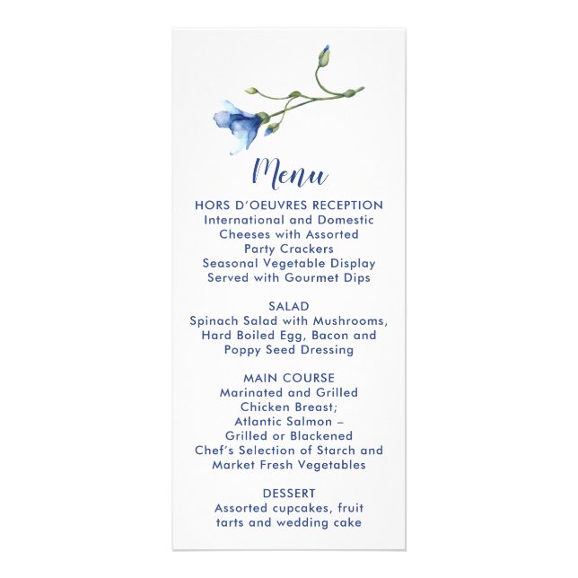 Menú de boda de flor de acuarela azul simple (Frente)