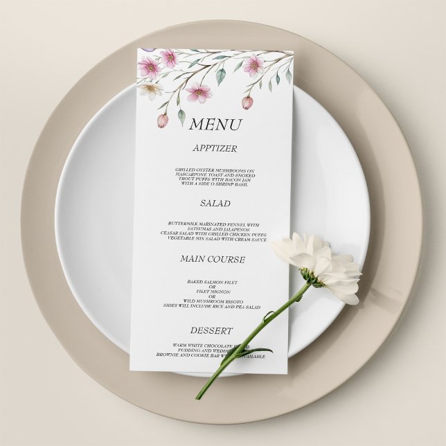 Menú de Boda de flor de primavera de menta blanca  (Pink white mint lilac spring flower Wedding Menu)