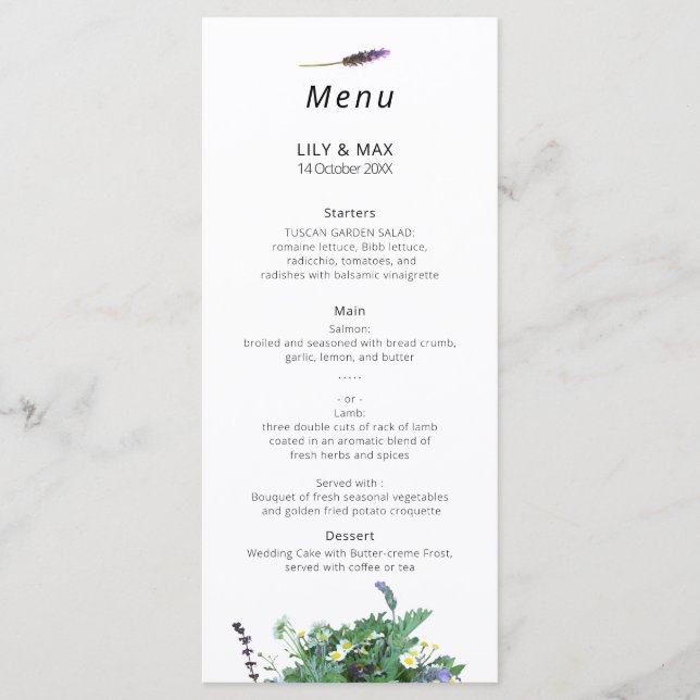 Menú de Boda de Flor Silvestre Botánica (Anverso)