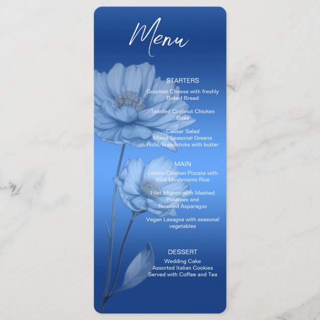 Menú de Boda de Flores de Acuarela Azul (Anverso)