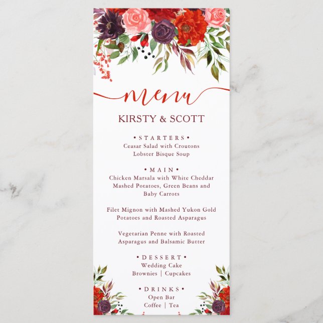 Menú de Boda de Flores de Otoño con Acuarela Boho (Anverso)