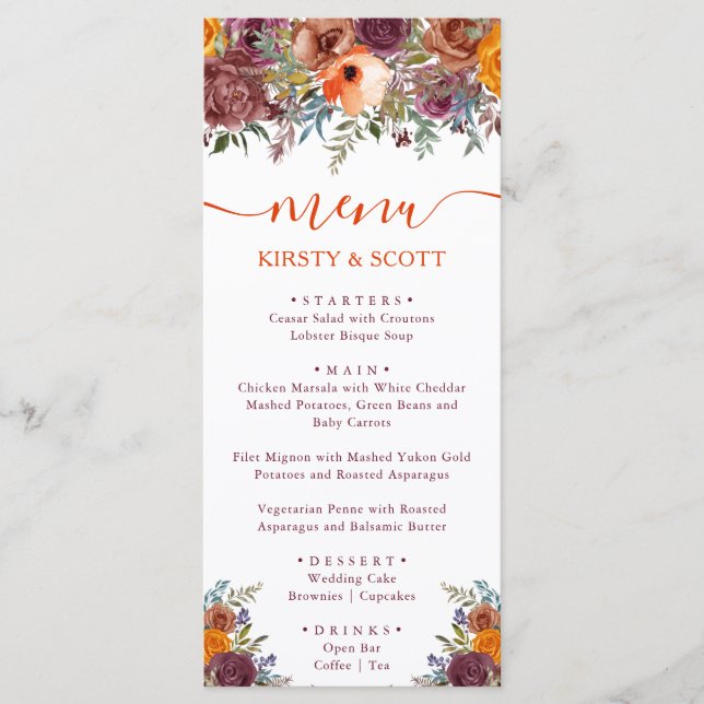 Menú de Boda de Flores de Otoño con Acuarela Boho (Anverso)