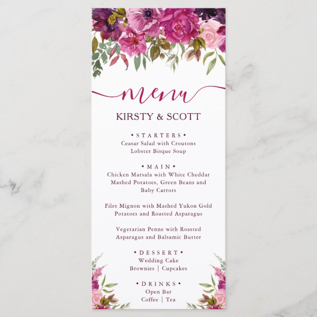Menú de Boda de Flores de Primavera con Acuarela B (Anverso)
