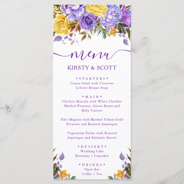 Menú de Boda de Flores de Primavera con Acuarela B (Anverso)