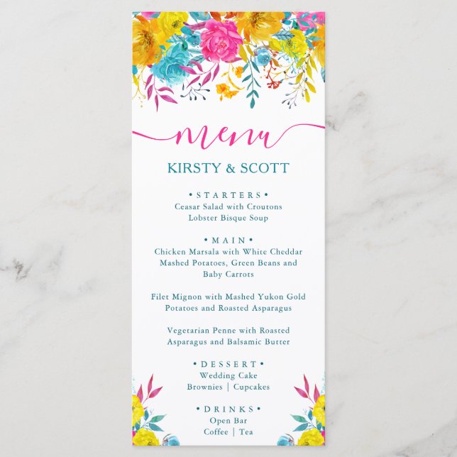 Menú de Boda de Flores de Verano Acuarela Boho (Anverso)