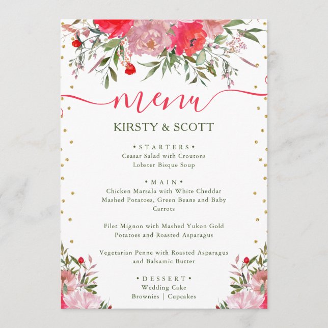 Menú de boda de flores de verano con acuarela boho (Anverso)