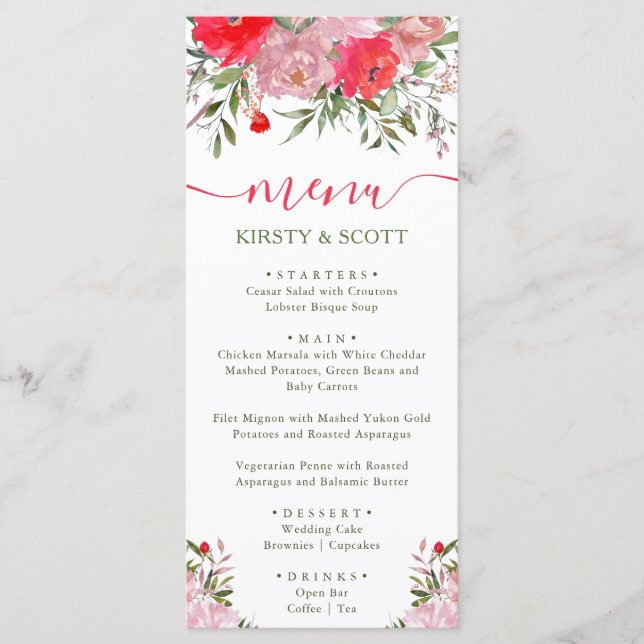 Menú de boda de flores de verano con acuarela boho (Anverso)