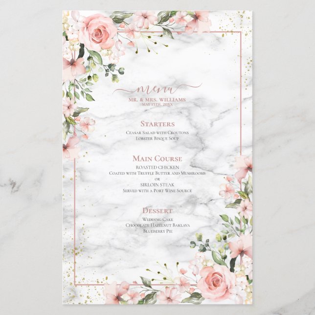 Menú de Boda de flores rosadas y degustación de co (Anverso)