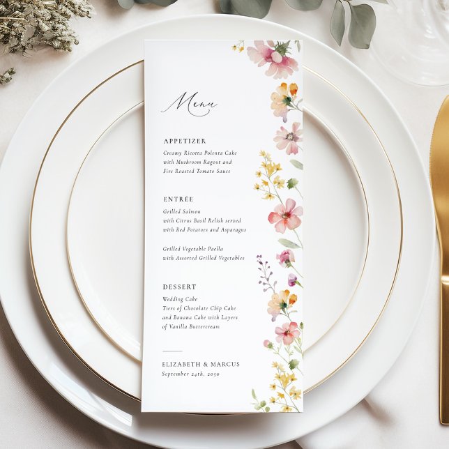 Menú de Boda de Flores Silvestres de Prado Boho (Elegant boho meadow wildflower wedding menu with soft pastel florals and refined serif typography)