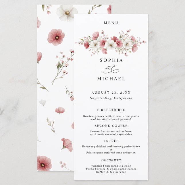 Menú de Boda de Flores Silvestres Rosadas (Anverso / Reverso)