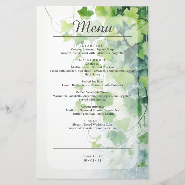 Menú de Boda de Hoja Verde Elegante (Anverso)