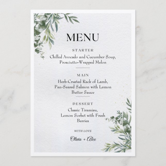 Menú de Boda de Hojas de Acuarela Blanca y Verde (Anverso)