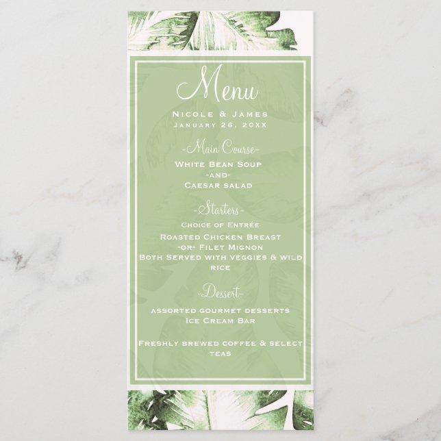 Menú de Boda de Hojas Tropicales Verdes y Blancas  (Anverso)