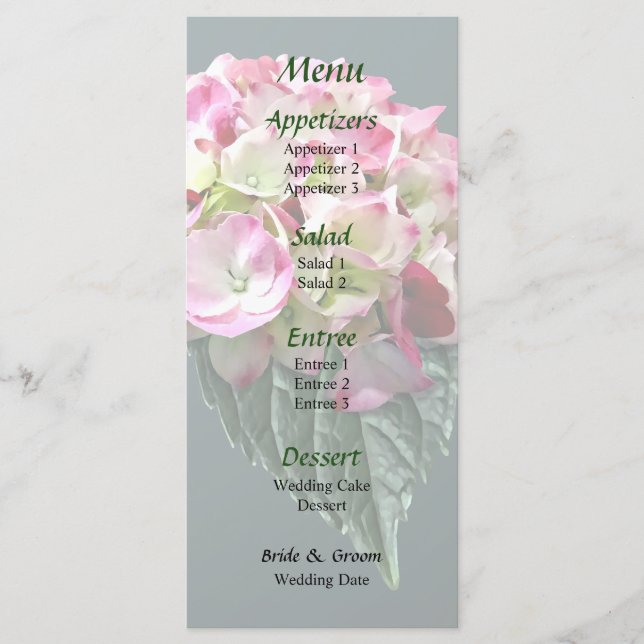 Menú de Boda de Hortensia Rosa y Blanco Elegante (Anverso)
