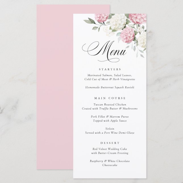Menú de boda de hortensias rosadas elegantes con f (Anverso / Reverso)