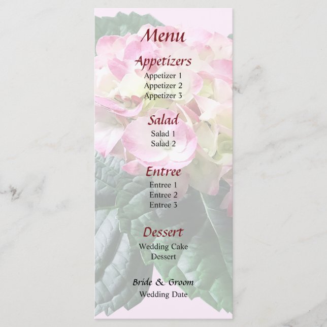 Menú de Boda de Hortensias Rosadas y Blancas (Anverso)