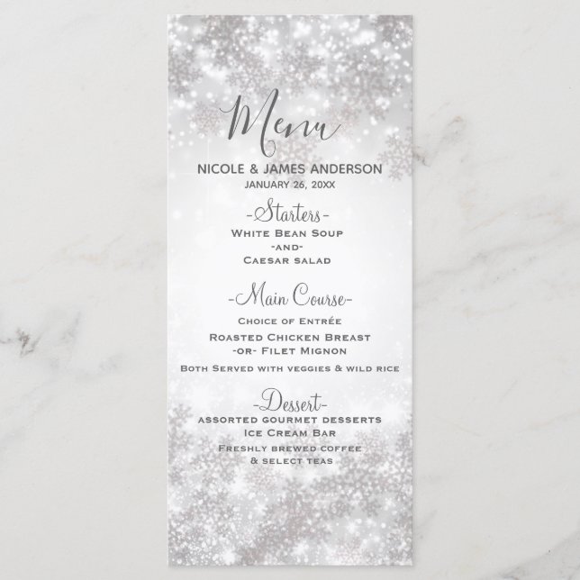 Menú de Boda de Invierno de Esparkle Blanco Snowfl (Anverso)