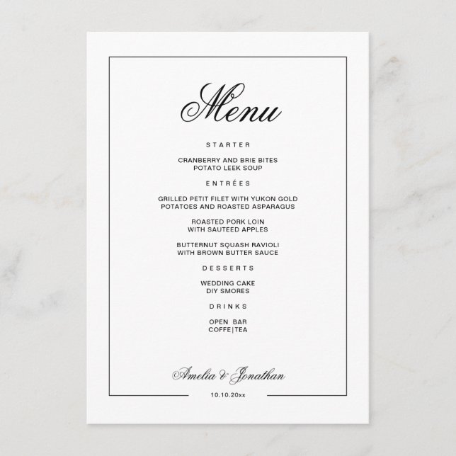 Menú de Boda de Invierno en Blanco y Negro (Anverso)