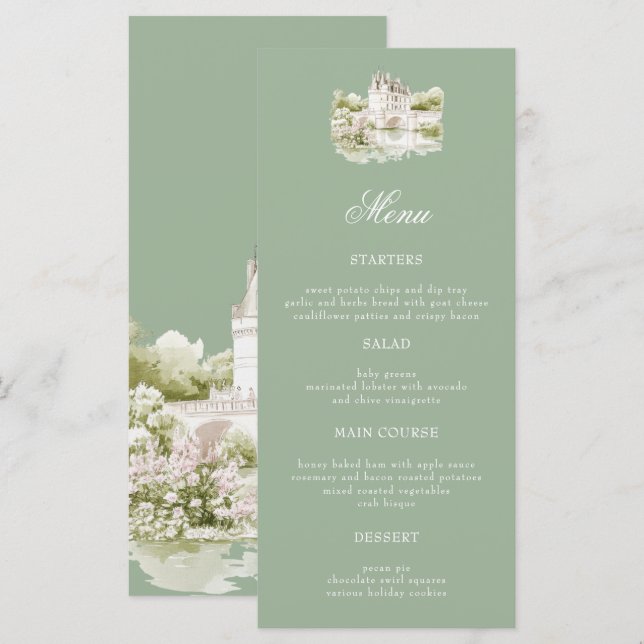 Menú de Boda de Jardín de Mansión con Acuarela Ele (Anverso / Reverso)