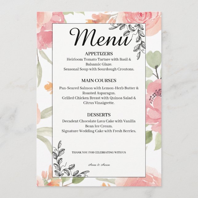 Menú de Boda de Jardín de Primavera con Durazno Su (Anverso)