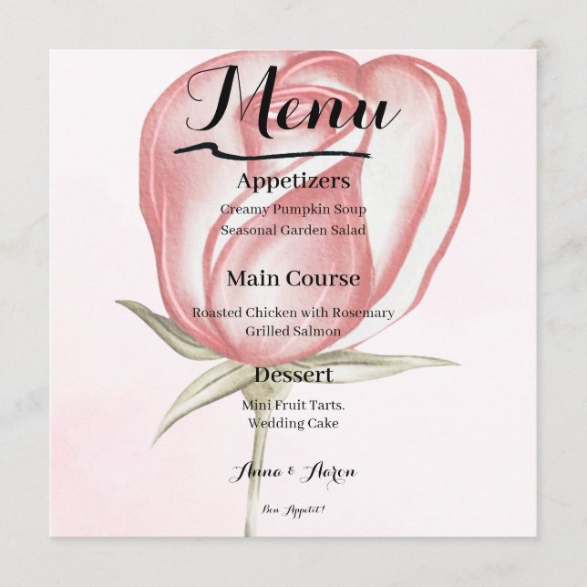 Menú de Boda de Jardín de Rosa Pastel Primavera Ve (Anverso)