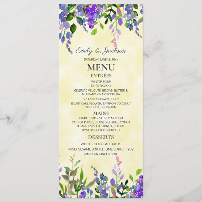 Menú de boda de lavanda floral acuarela amarilla (Anverso)