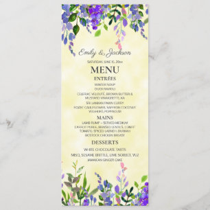 Menú de boda de lavanda floral acuarela amarilla