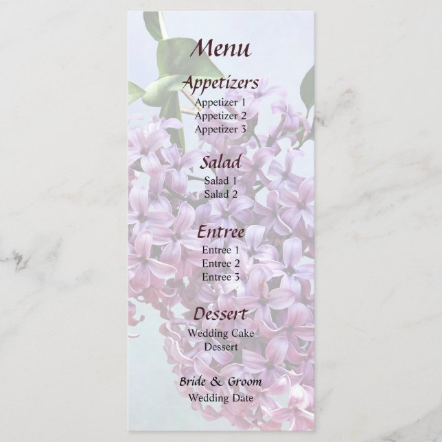 Menú de Boda de Lilas Rosa Delicado (Anverso)