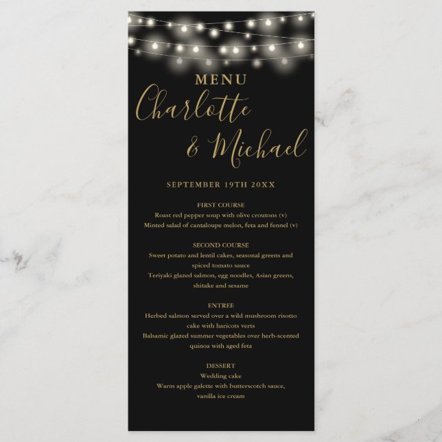 Menú de Boda de Luces de Cuerda de Oro Negro con F (Anverso)