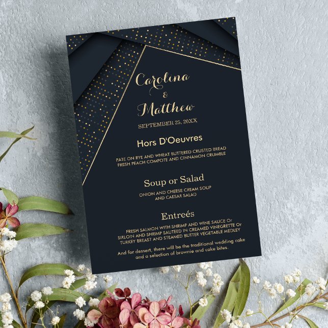 Menú de boda de lujo azul marino moderno chic dora (Chic modern navy blue gold luxury Wedding Menu )