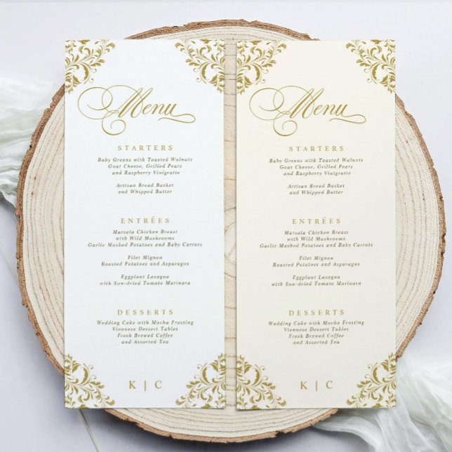 Menú de Boda de Lujo en Oro Elegante (Luxury gold wedding menu with elegant script—perfect for formal place settings)